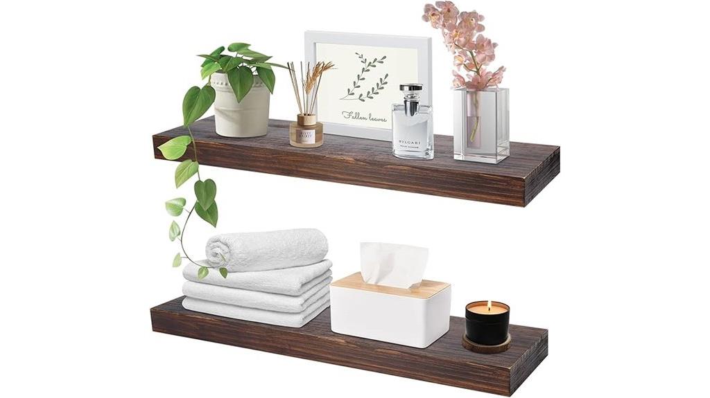 deep walnut floating shelves