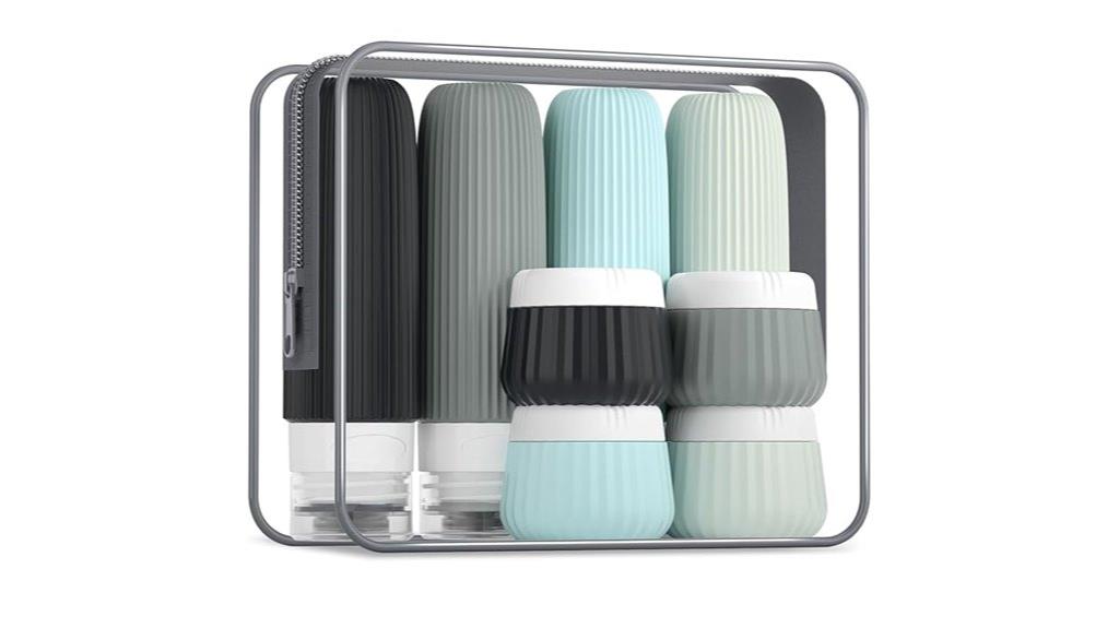 eight travel toiletry bottles
