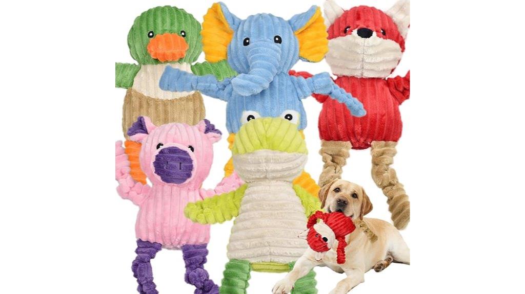 five plush squeaky dog toys