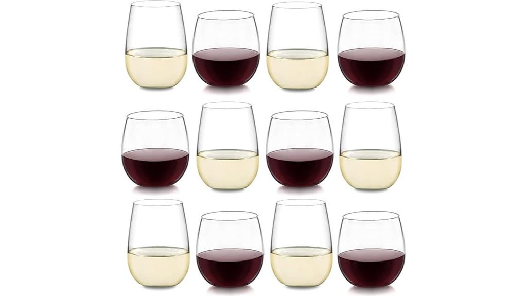 twelve stemless wine glasses