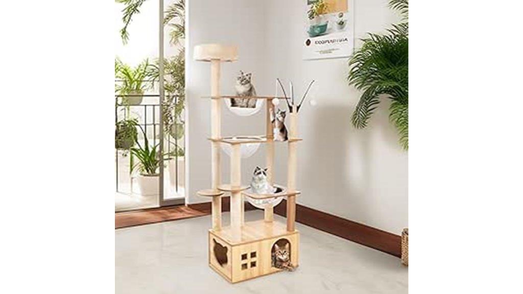 wooden cat tree with accessories