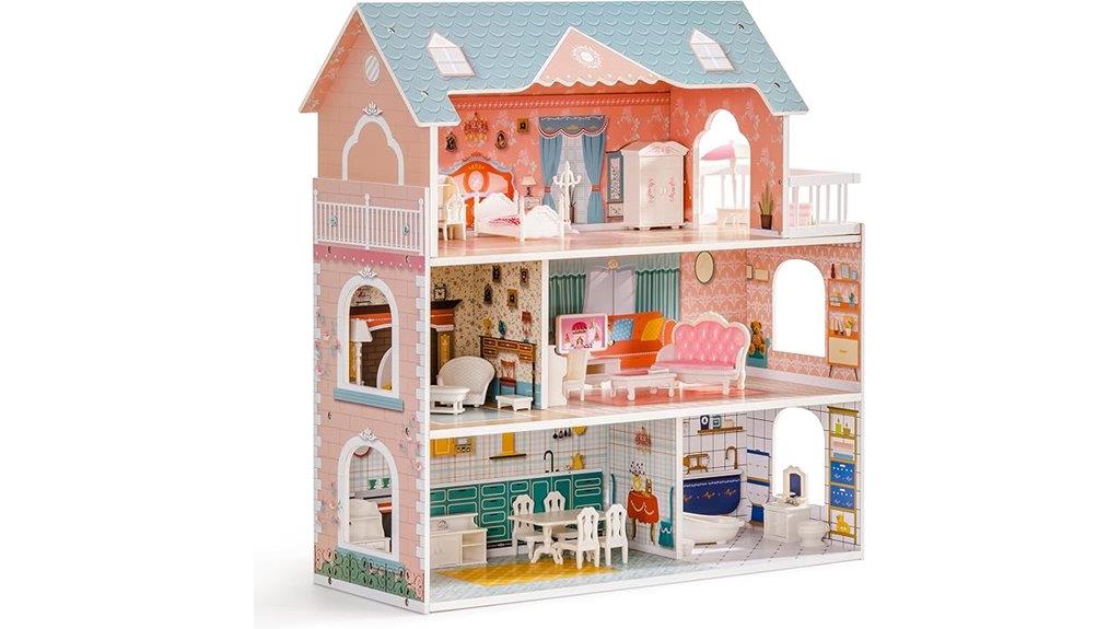 wooden dollhouse with furniture