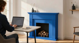 A Bold Blue Fireplace Is the Striking Focal Point of This Home Office