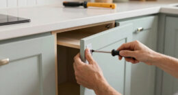 Before And After: She Replaced Her Dark, Awkward 90S Kitchen Cabinets With Soft Oak And Pink Tiles