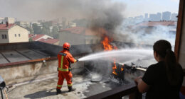 Fire Erupts On Building Roof In Ankara
