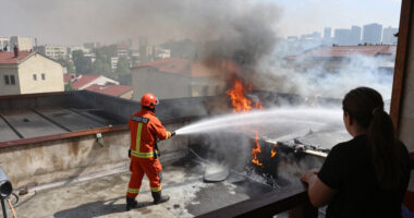 Fire Erupts On Building Roof In Ankara