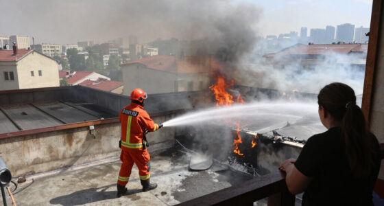 Fire Erupts On Building Roof In Ankara